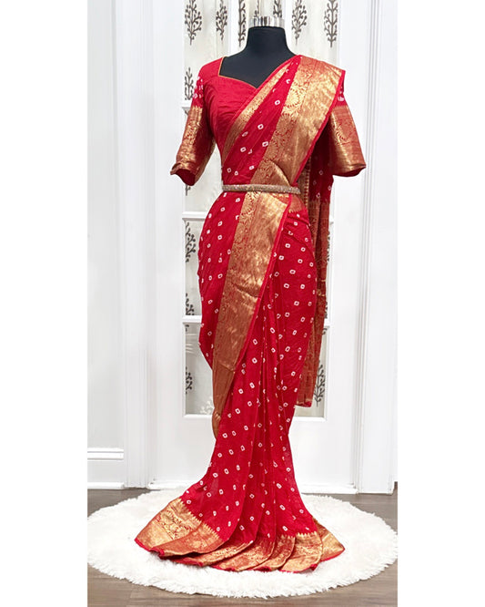 Beautiful Kanjivaram art silk with Bandini red saree with Pattu border