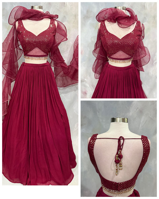 Wine-Hued Glamour Indowestern Croptop Georgette Lehanga with Ruffle organza dupatta size 36/38 stylish blouse bead embellishments