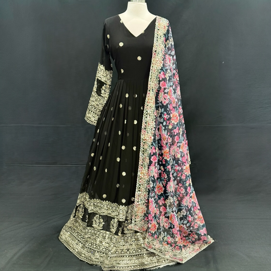 Elegant Black Embroidered Anarkali Suit with Floral Dupatta. Available in size 40.