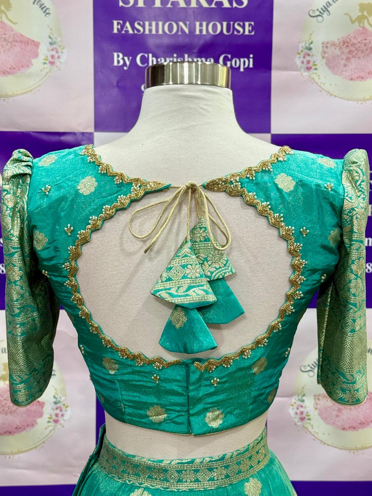 Gorgeous Customized Tissue Half Sarees with Maggam work/Hand work blouse for Teens/Adults. Available in size 34 to 38