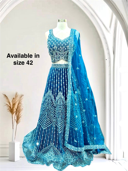 Gorgeous wedding Partywear Lehanga choli in heavy mirror work blue color Available in size 42 ready to ship