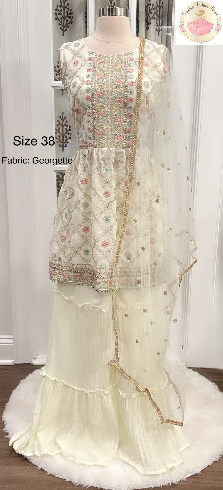 Beautiful ivory color Sharara set in multi color sequence work size 38