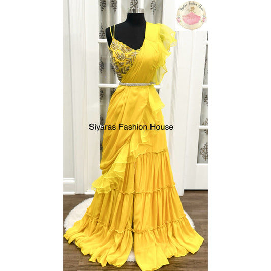 Beautiful Yellow Sharara pant crop top with the drape style. Fits size 38, 40
