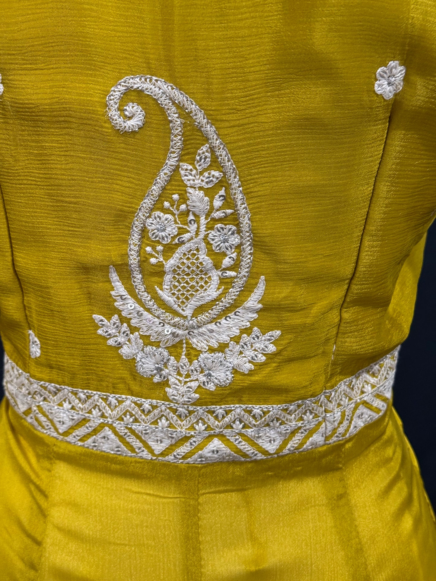 Step into elegance with this stunning mustard yellow Anarkali suit, featuring intricate thread and zari embroidery. Available in size 42.