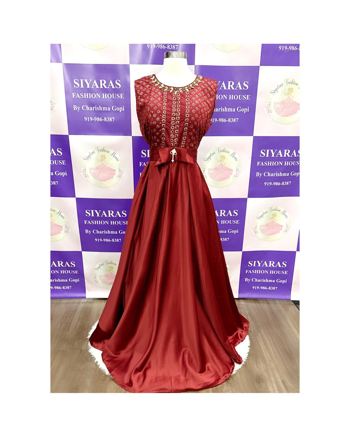 Garnet luxury Satin Gown with delicate sequin embroidery floor length gown size 44