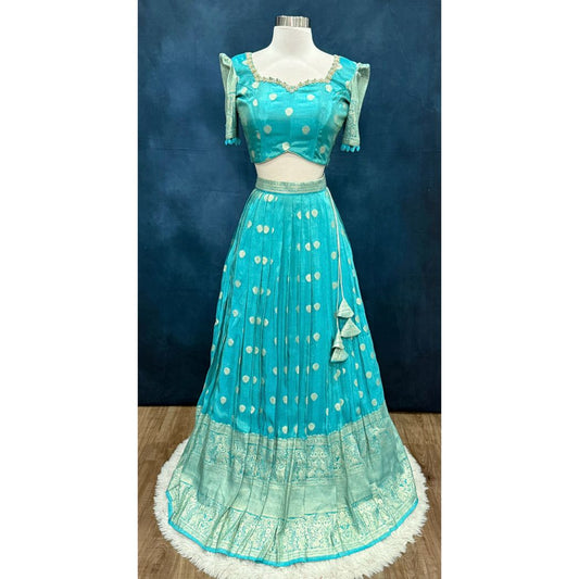 Gorgeous Tissue Half saree/Lang Voni with Maggam work blouse and a grand tissue dupatta size 34 for teens wedding half saree function