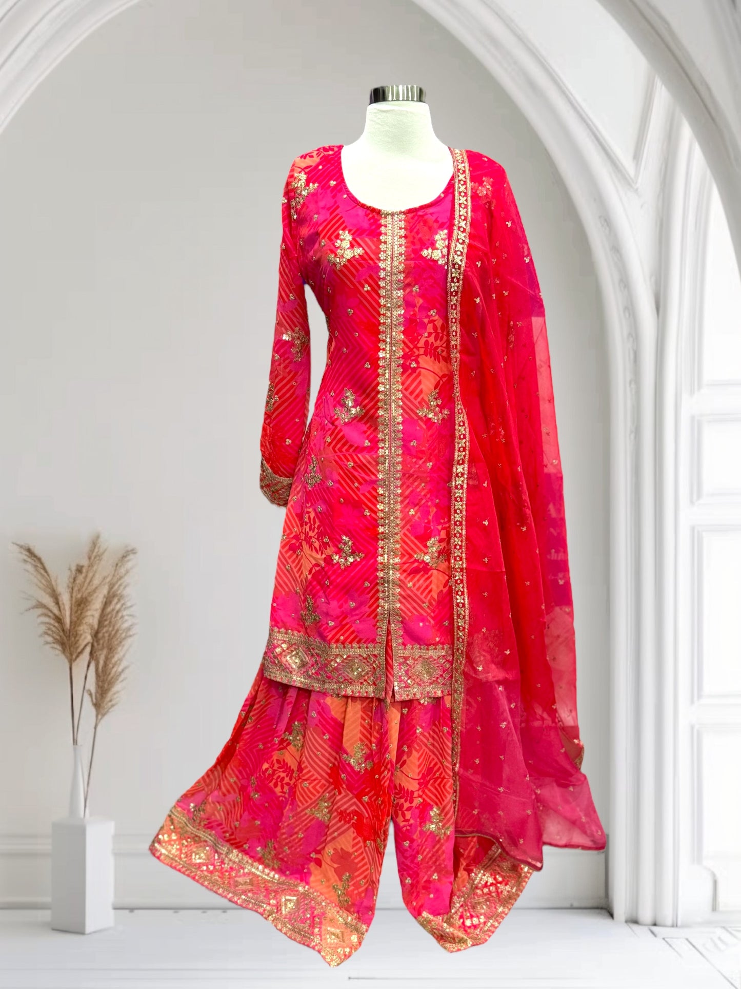 Elegant trendy Pink sequence Georgette Suit Set for Wedding & Partywear - Size 38