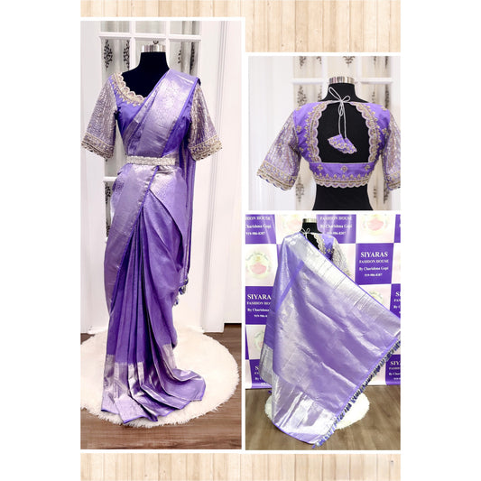 Lavender Pure Kanchi Pattu Saree (silk mark certified) with elegant Maggam work blouse with silver Zari border