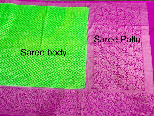 Beautiful parrott green and pink dual color combo soft silk saree with blouse piece