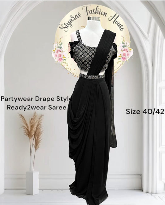 Beautiful Black Drape Style Ready to wear saree with handwork stylish Blouse. Size 40/42.