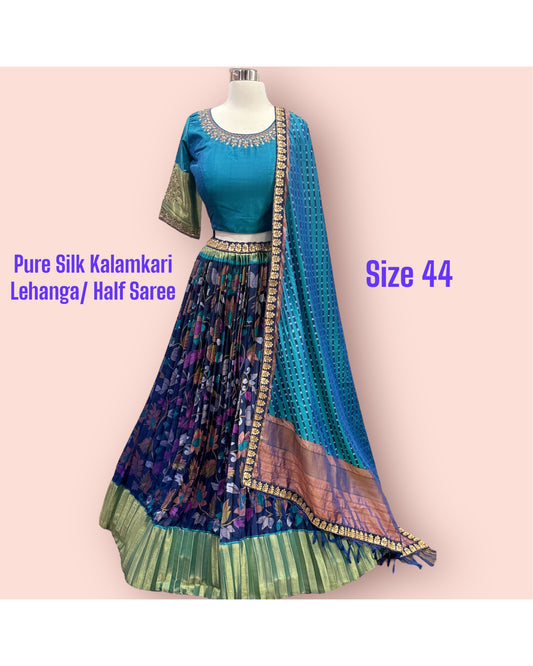 Pure Silk Kalamkari Langa Voni Half Saree with Maggam work blouse for Grand Wedding Wear or Half Saree function. Half Saree size 44