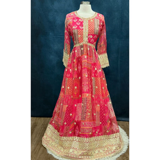 Pink Floral Anarkali sequence Long Gown – Size XL 42, Length 60 in 💖