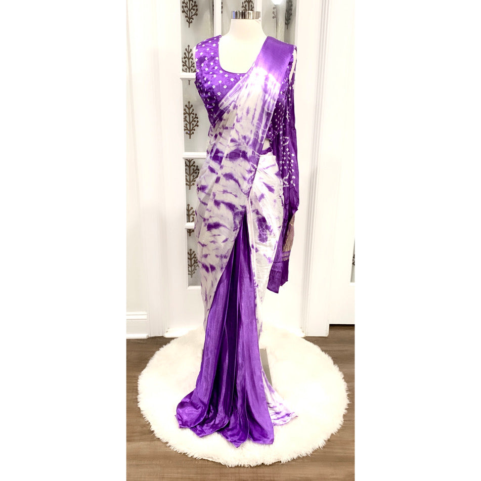 Gorgeous purple Hand made hand dyed Tissue Pallu Bandhini Saree Modal Silk fabric with sleeves attached inside
