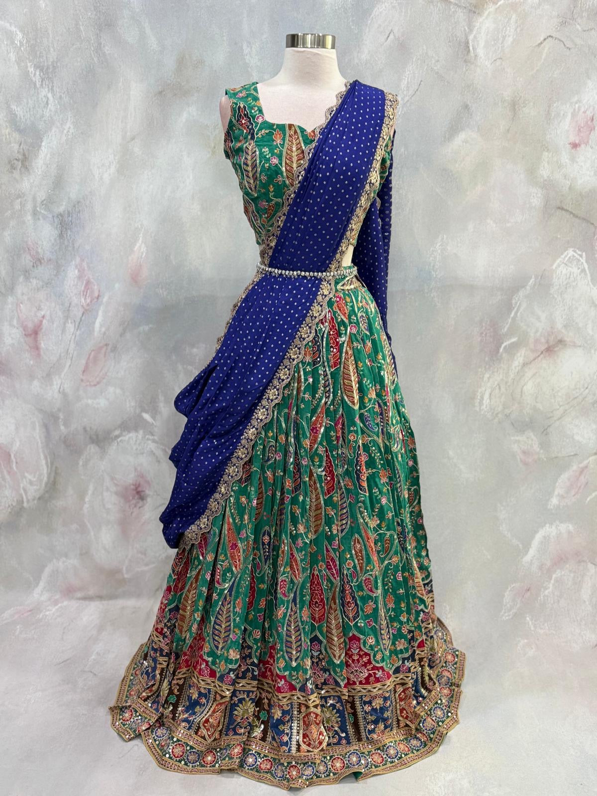 Beautiful Customized Position Print Designer Lehenga. Perfect for weddings. Available in chest size 40 to 46. Skirt waist 32 to 34.
