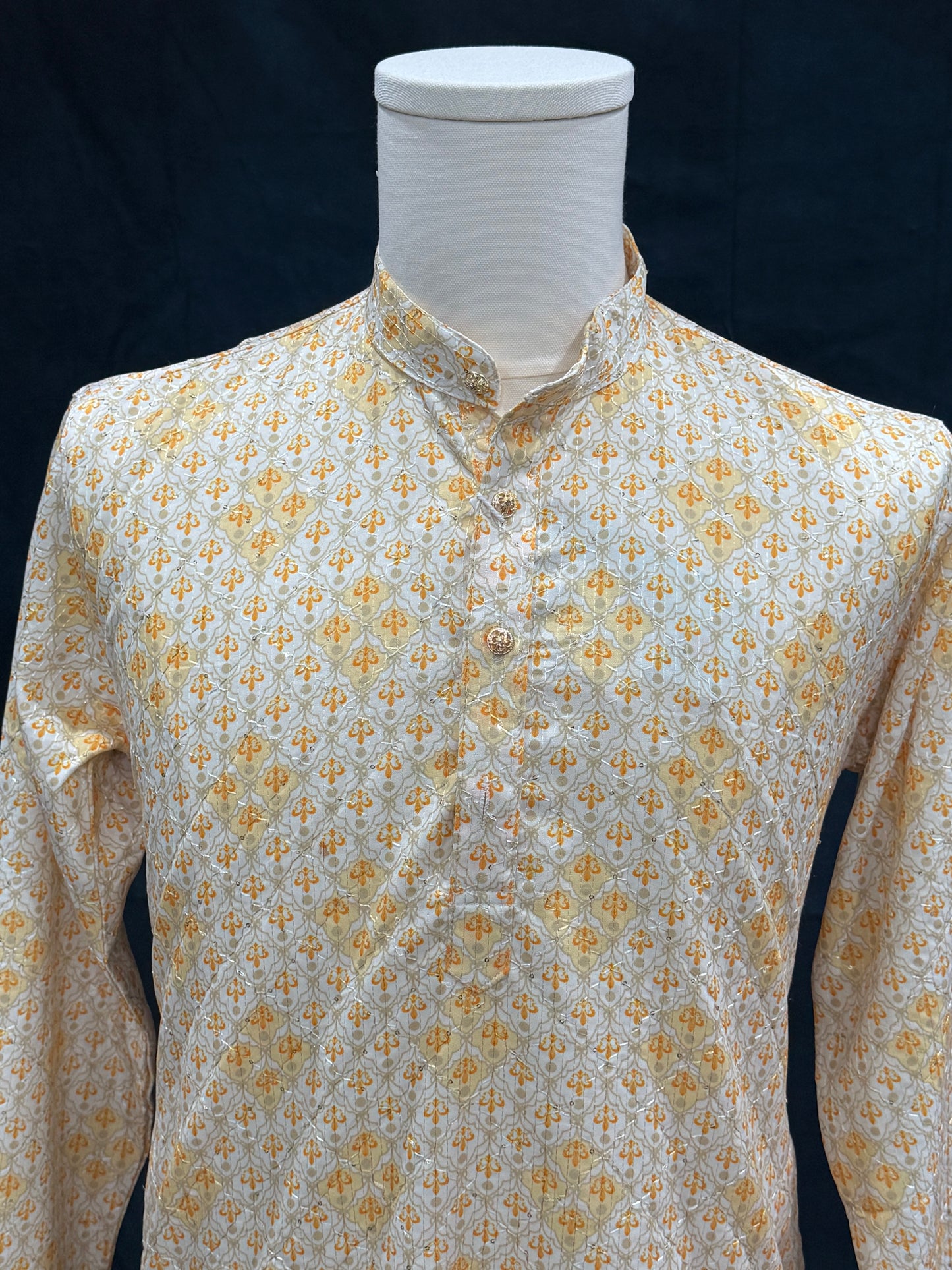 Men’s Sequin Silk Kurta Pyjama Set | Light Yellow Partywear Outfit | Wedding & Reception Dress | Size 40 & 44 | Fast Shipping from USA | Budget Friendly