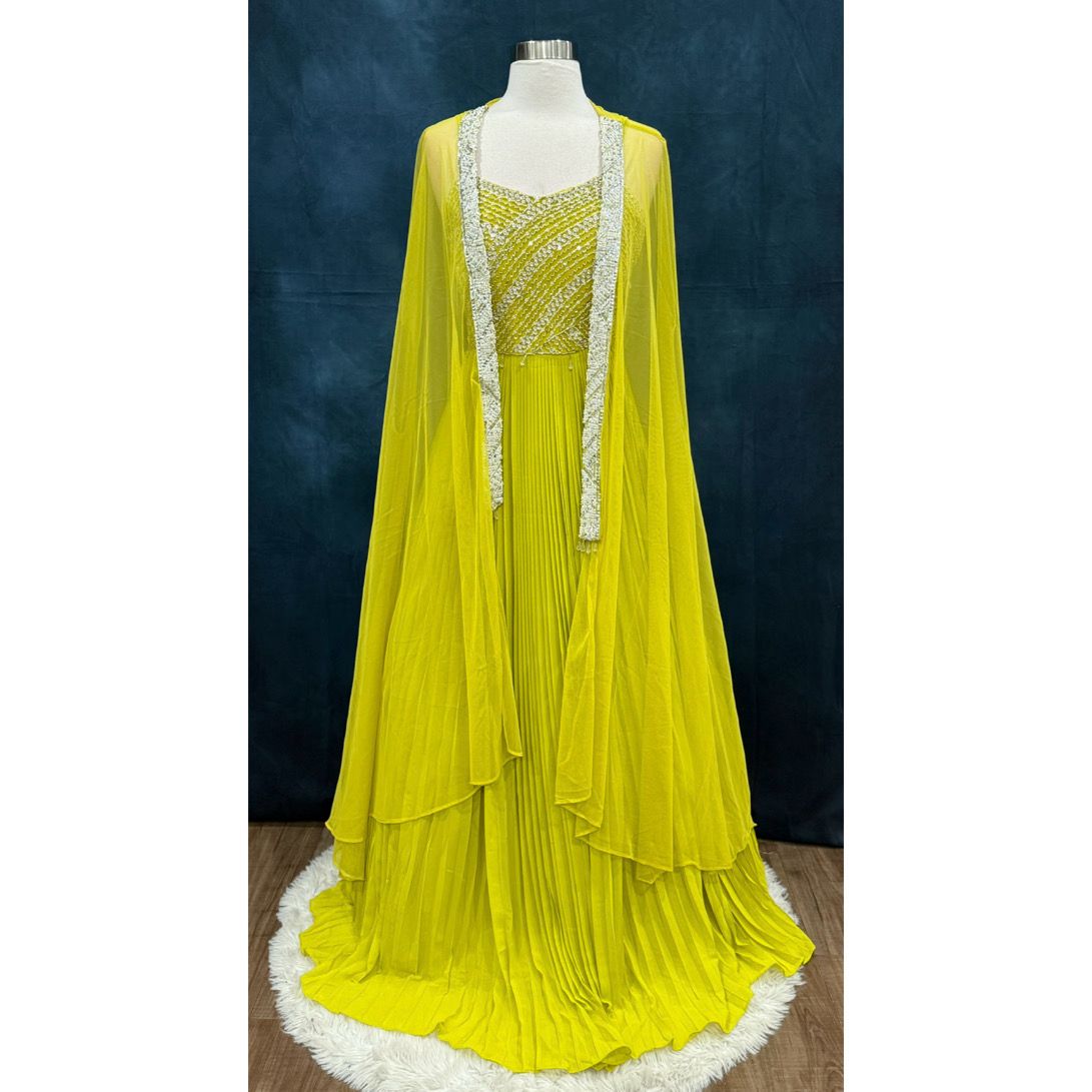 Gorgeous Yellow Indo-Western Long Gown with Cape / Shrug (Size 38, Length 58). Can be altered to fit your needs.
A dreamy yellow statement gown for every festive mood 💛