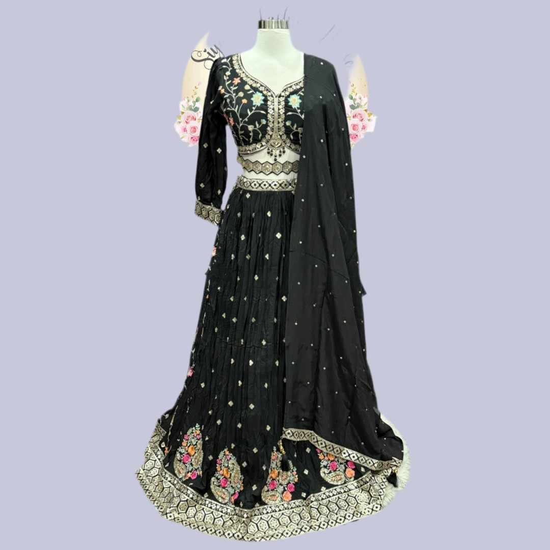 Gorgeous Black Lehanga Choli with multi color sequence embroidery size 38 in chinon fabric, Partywear Dress Ready to ship USA