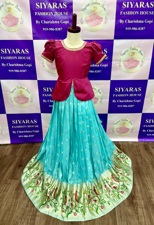 Kids Pattu Pavada/ tradition lehenga with peplum top. Fits size 28 to 30. Skirt length 37 upto 41