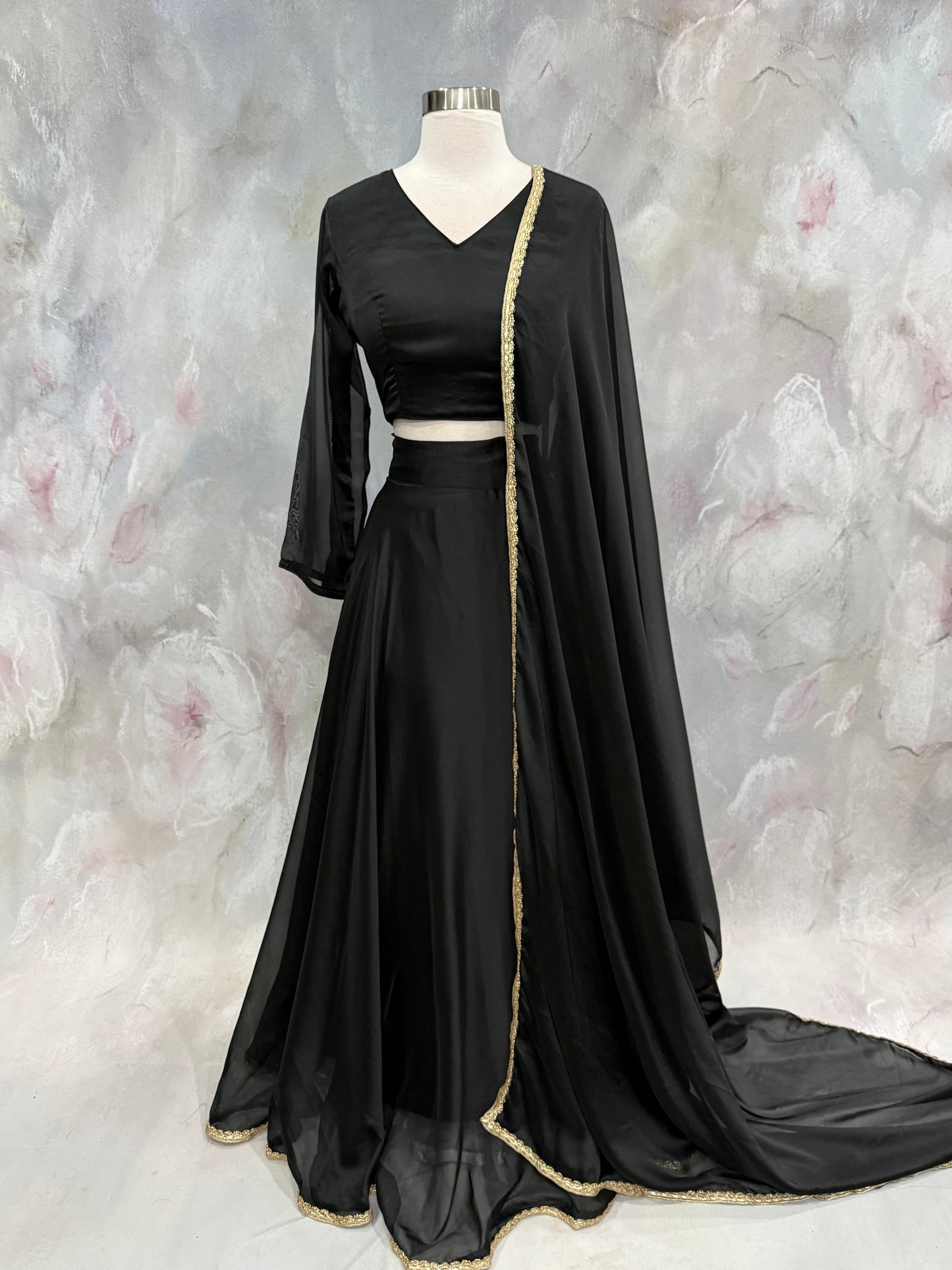 Beautiful Black Silk lightweiight Lehanga choli with lace border dupatta size 38-42 ready to ship