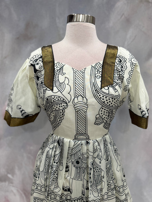 Elegant Kalamkari silk 3/4 gown with zari border size 38, length 47 in