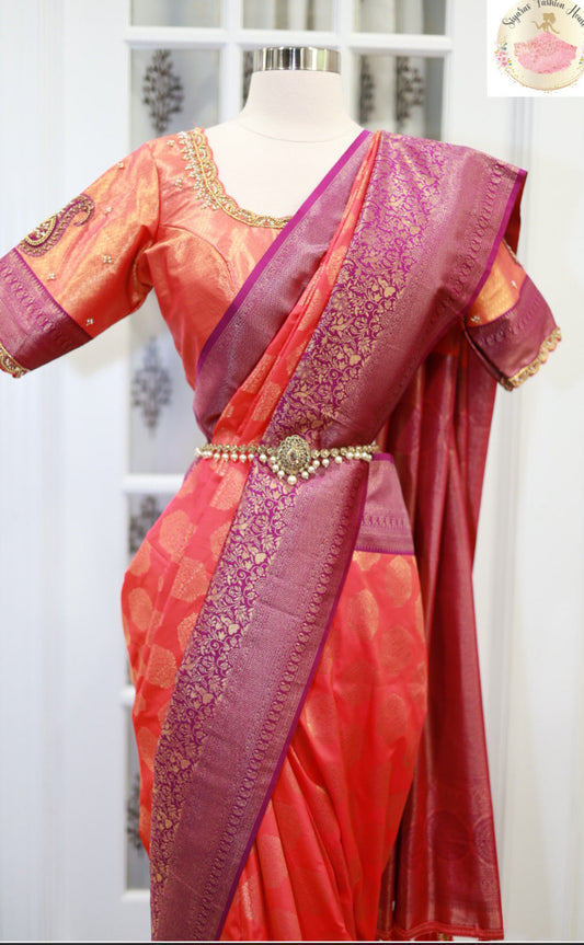 Banarasi Silk Saree with Maggam work Blouse size 42 Ready to ship