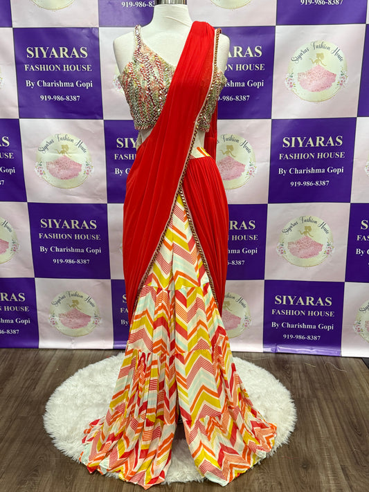 Beautiful Sharara drape style lehenga perfect party wear for sangeeth / wedding / birthday party. Available in size 40.