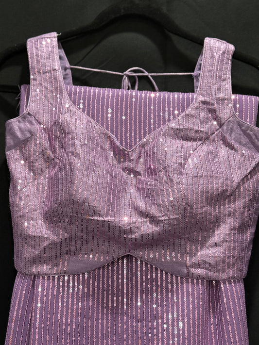 Elegant Georgette Lavender Sequin partywear Saree with stitched designer blouse sleeves size 36-40 fall pico done ready to ship USA NC