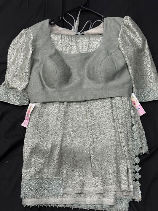 Beautiful pastel green partywear shimmering saree stitched blouse stone and lace wedding reception cocktail partywear saree size 38 to 42