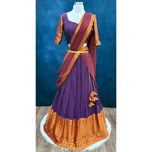 Traditional customized narayanpet cotton half saree , langa voni brinjal Color and maroon red color combo size 38 to 42