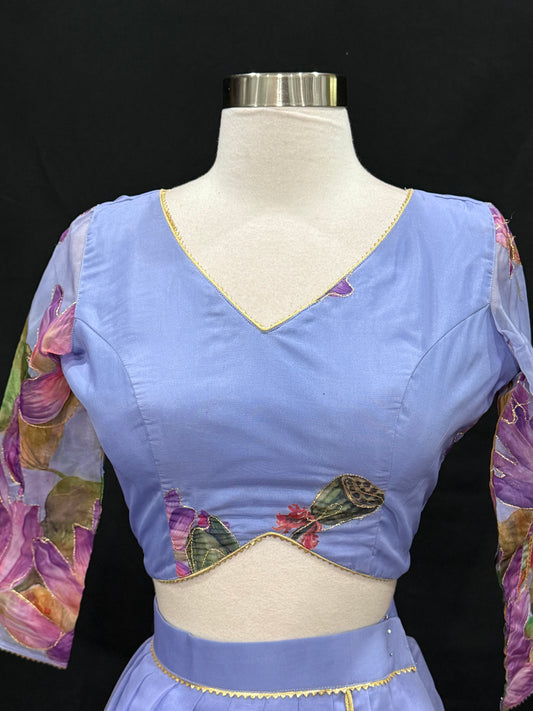 Customized Organza Lehenga / Half Saree in Lavender and purple combo. Available in size 34/36/38.