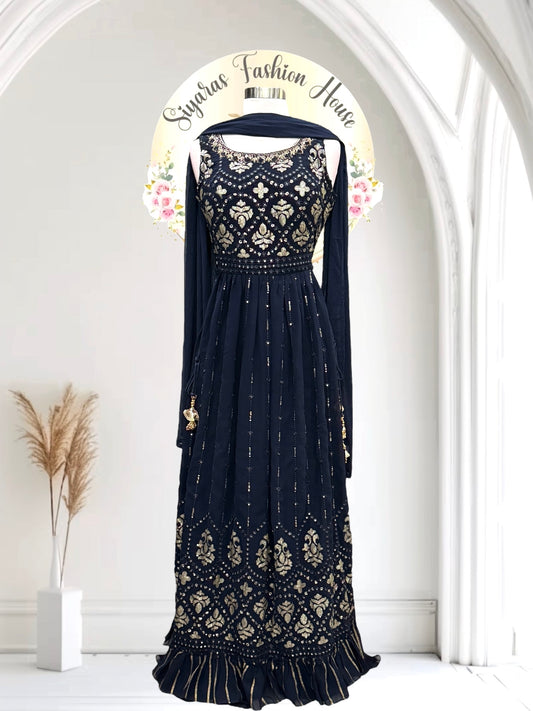 Beautiful party wear Navy blue Nyra cut 3 pc set. Available in size Large (40)