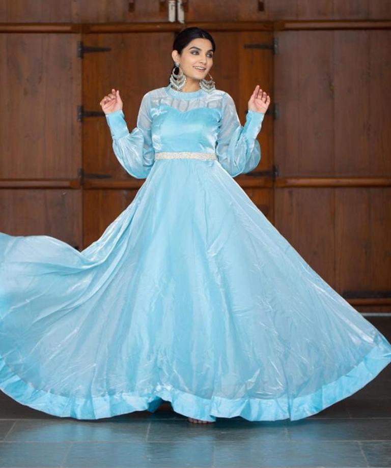 Party Wear Organza silk Big Flair Gown In Aqua Blue color
size: 38