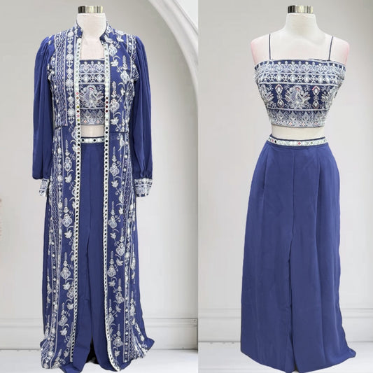 Trendy Croptop Palazzo pant with Long Jacket with Chikankari and mirror work. Available in size 38