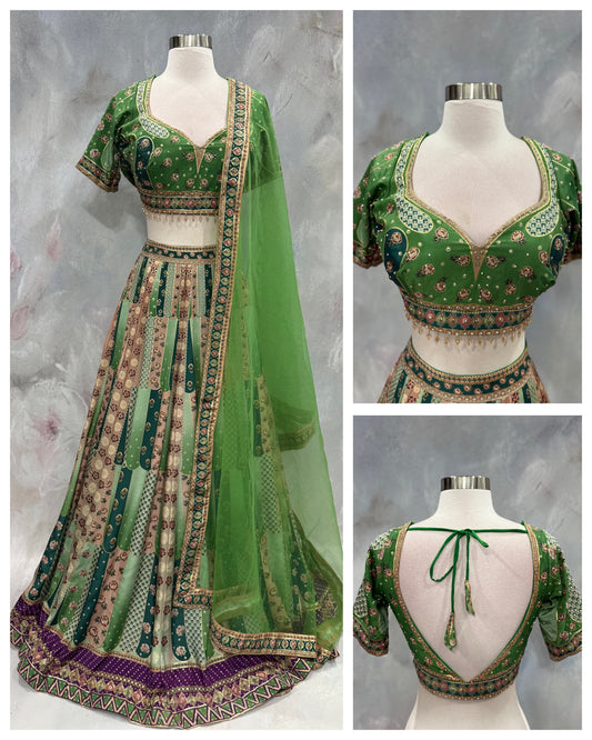 Gorgeous Silk Lehenga Choli Set in kali pattern – Mehendi & Wedding Partywear | work Blouse | Size 38 | Indian Ethnic Outfit
