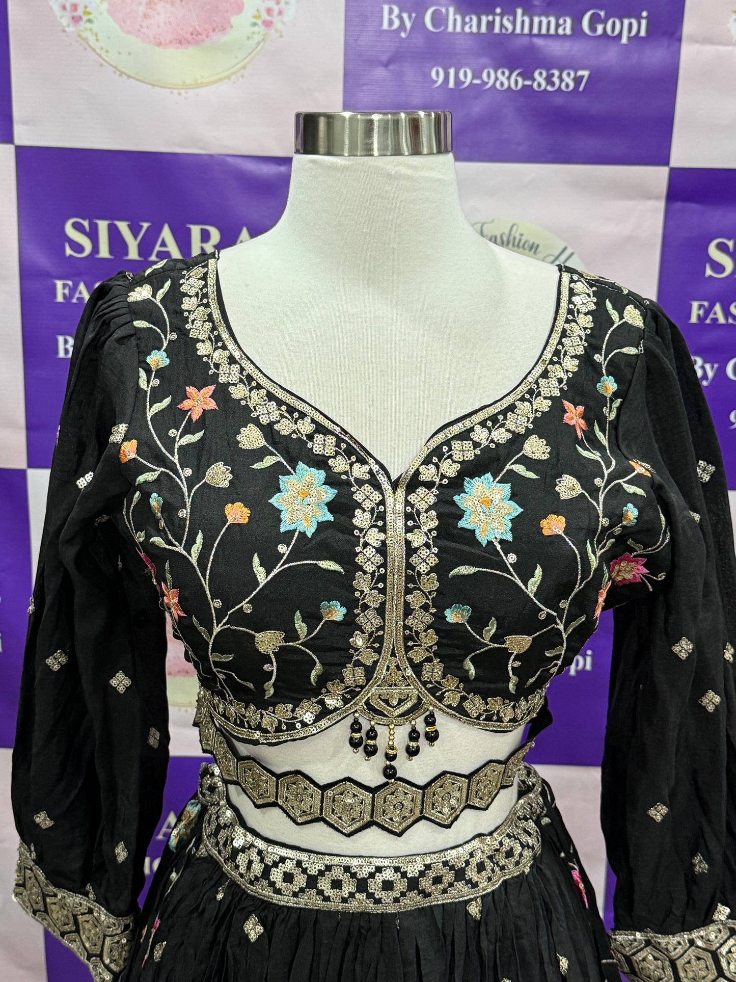 Gorgeous Black Lehanga Choli with multi color sequence embroidery size 38 in chinon fabric, Partywear Dress Ready to ship USA