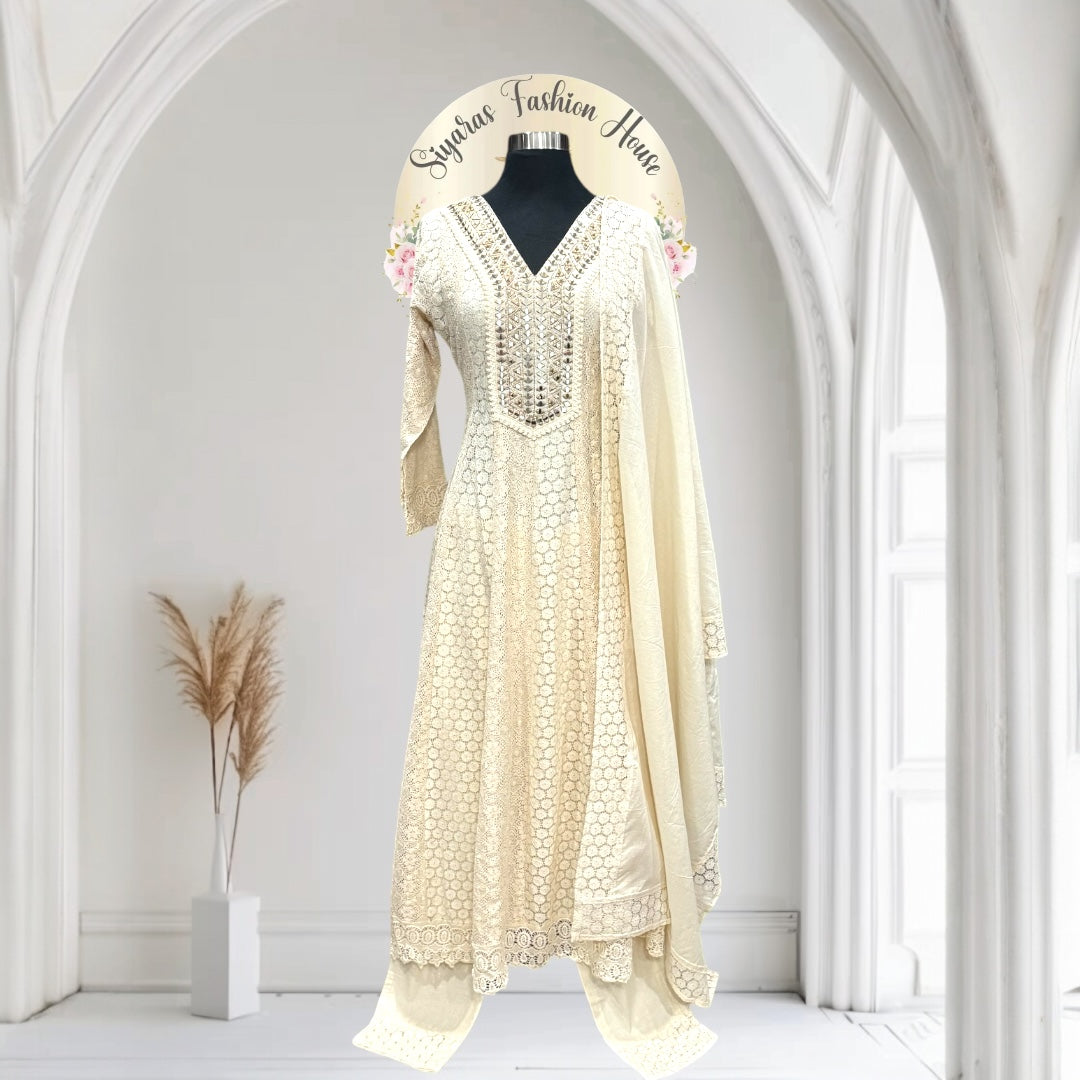 😍Beautiful offwhite Anarkali suit 3 piece set Mirror work in  Lace fabric with Hakoba border 😍
