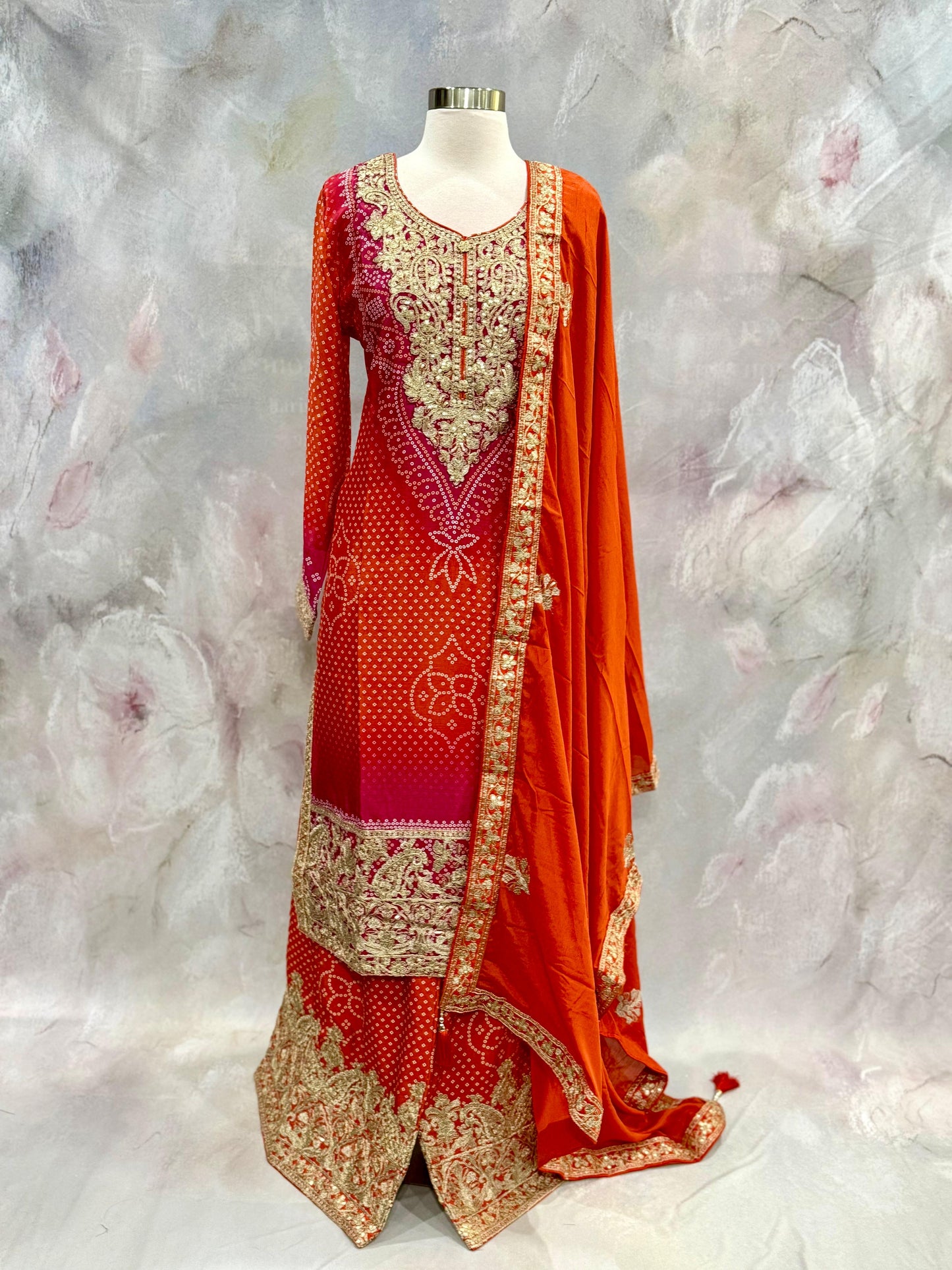 Pure Chinon dual shade orange and pink Partywear Palazzo Suit set sequence Work (Size 44) ready to ship USA, Wedding, Partywear outfit