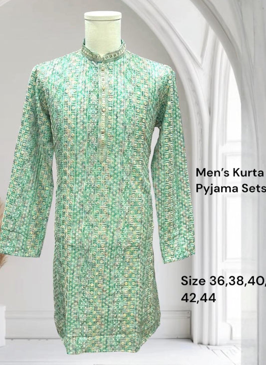 Elegant Men’s green sequin kurta with white pant premium buttons pyjama set perfect for weddings & Diwali parties size 36,38,40,42,44