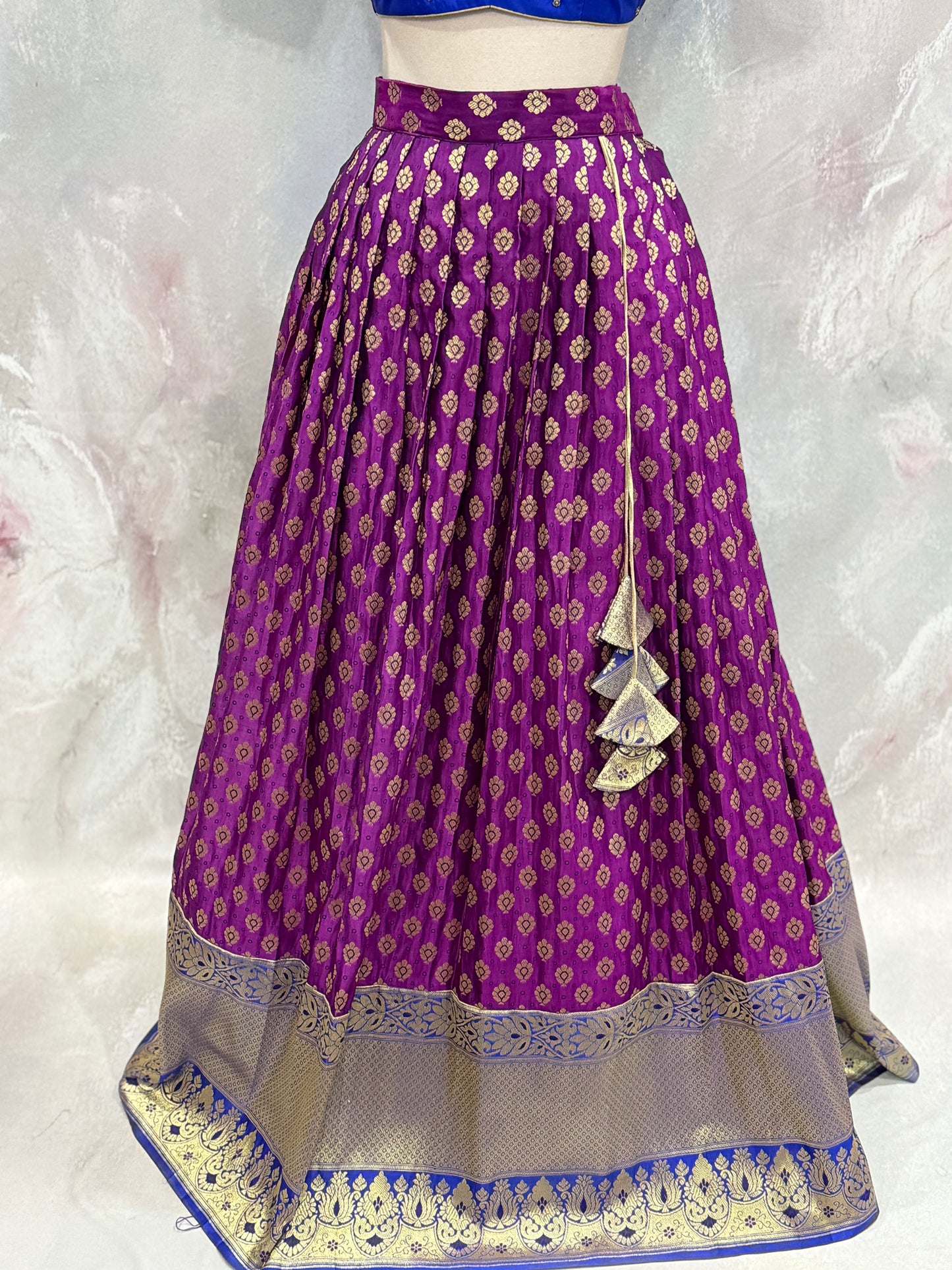 Beautiful Customized Banarasi silk half sarees in magenta purple and blue hues Maggam work blouses and bead embellishments size 38 to 42