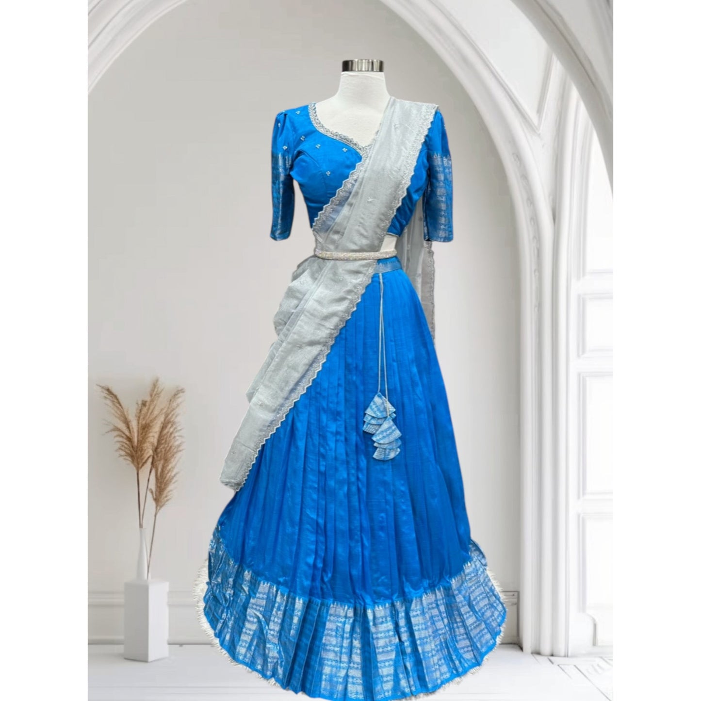 Beautiful Lavender Customized Mangalagiri half sarees with intricate Maggam work blouses and dreamy tissue or Kalamkari Dupatta. Size available is 38/40/42