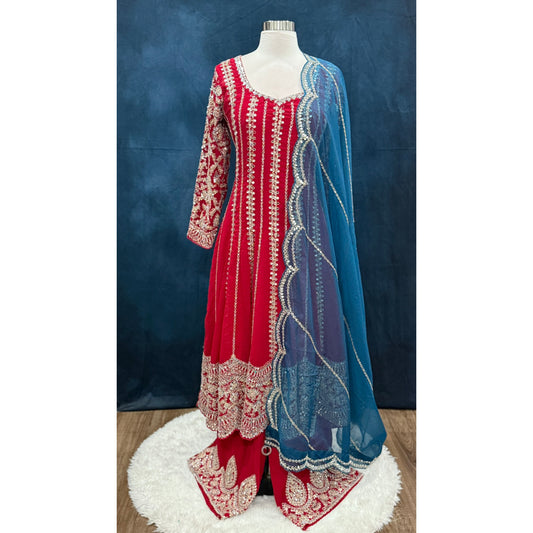 Partywear Mirror Work Anarkali Suit with Palazzo Pants and Blue Dupatta | Red Anarkali Set | Sizes Large (40) & XL (42)