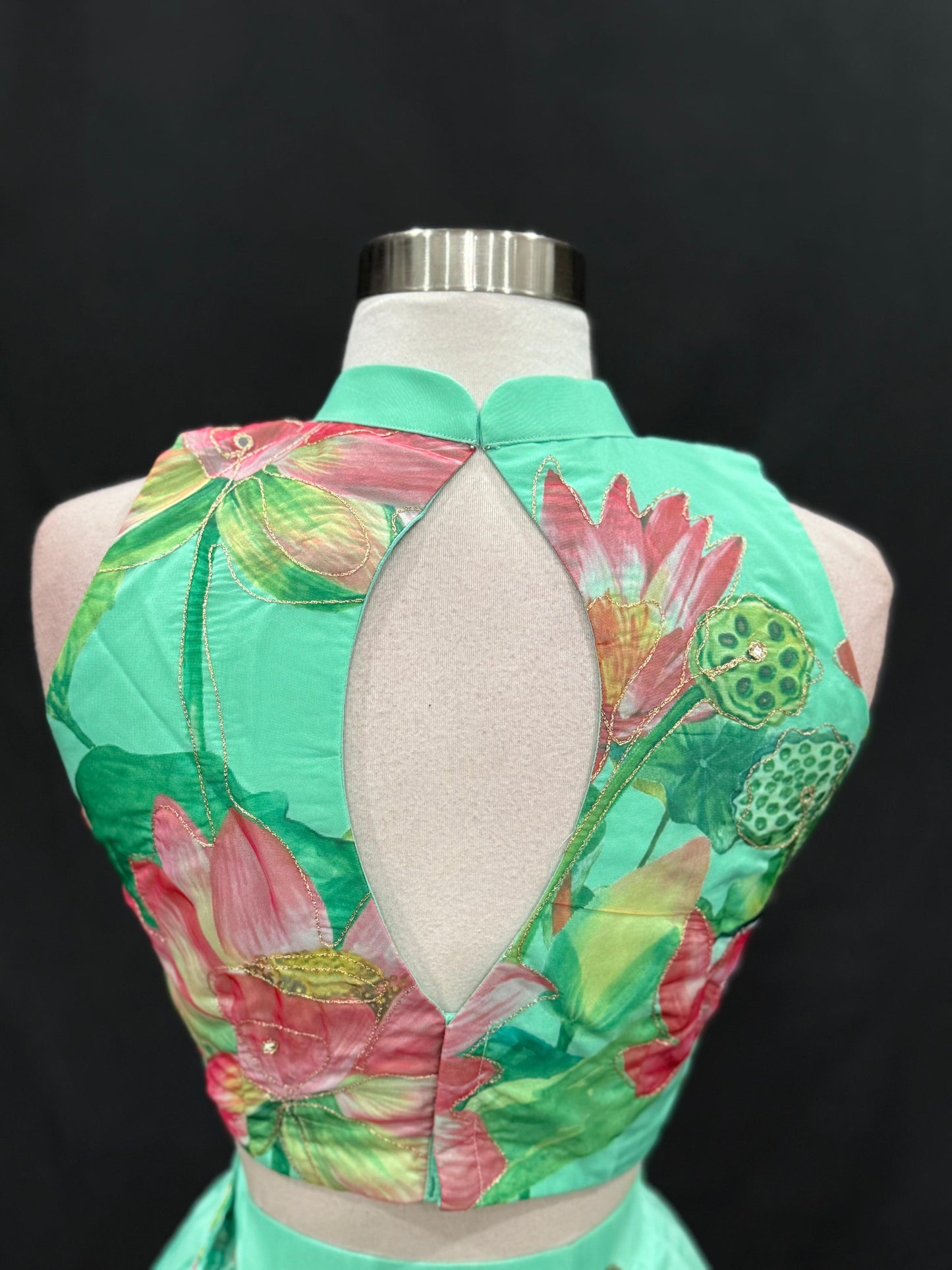 Customized Organza Lehenga / Half Saree in Green and pink combo. Available in size 34/36/38.