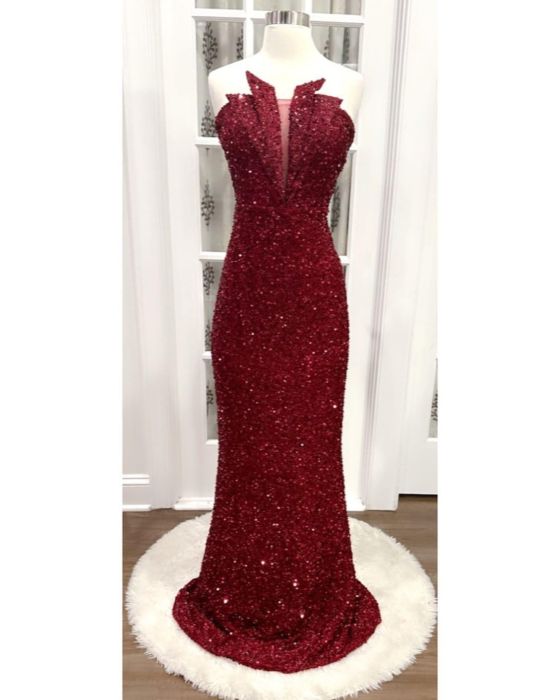 Stunning shimmery mermaid style strapless red sequin gown, fits sizes 34-37 1/2 with a 60-inch length is a perfect prom gown size 12