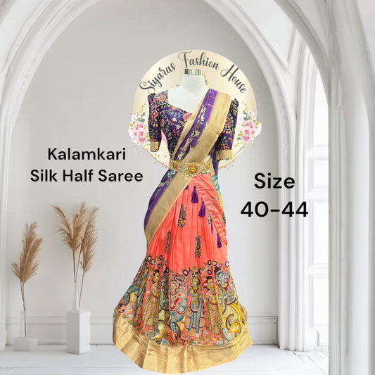 Beautiful Kalamkari Lehanga and Zari border Dupatta with stitched blouse (puff hands). Available in 40 to 44