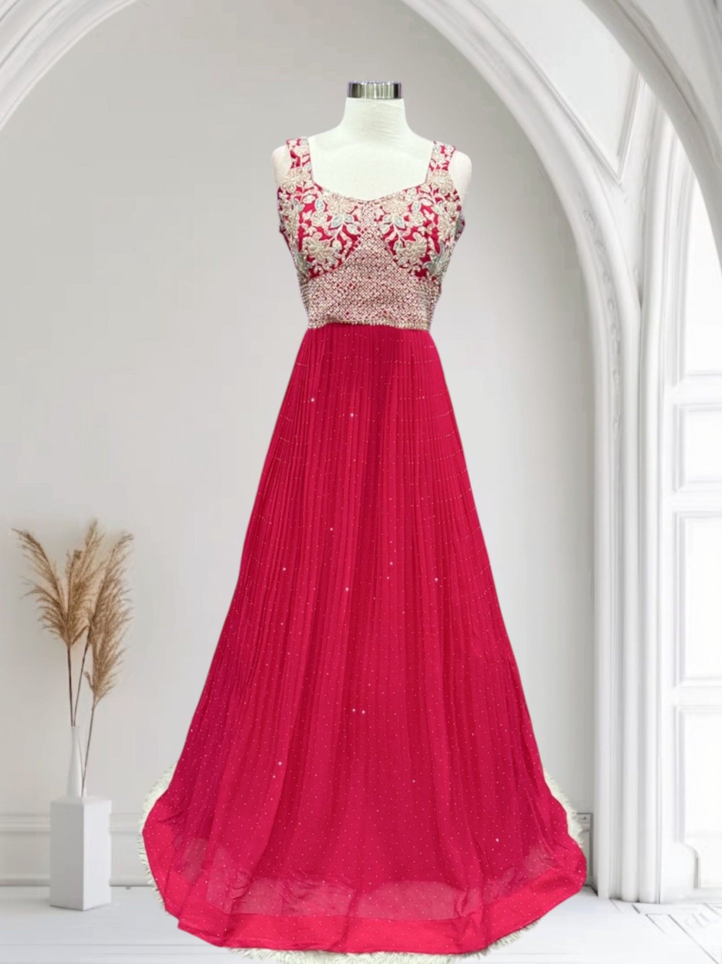 Crafted with shimmering stone & sequin detailing, this flowy floor-length gown exudes sheer elegance and charm. Perfect for weddings, receptions, and festive parties 🎉
Size: Large 40 and XXL 44