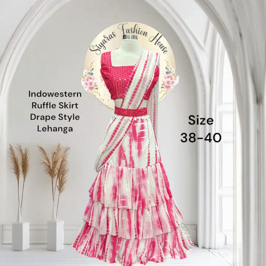 Beautiful Raffle Drape style Lehenga with stunning Shibori Indowestern Ruffle Skirt 💖
Size 38–40 now available