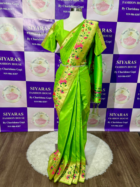 Elegance redefined in this Paithani Silk Saree 🌿💚
Crafted in soft silk with golden zari borders and vibrant lotus and floral motifs Perfect blend of tradition & grace 💫
Size: 40-44 💕