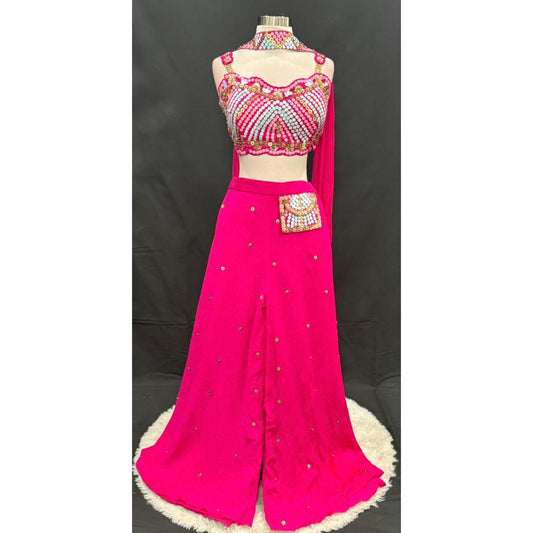 Hot Pink Mirror Work Crop Top Palazzo Set with Potli pocket. Available in size 38