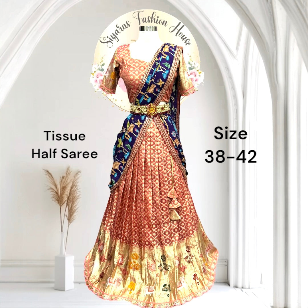 Tissue Half saree with kalamkari dupatta pastel pink color size available in size 38 traditional , wedding dress