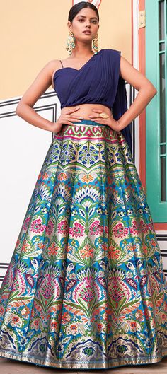 Stunning IndoWestern outfit trendy croptop Banarasi weaving Lehanga blue color size 36 to 38 ready to ship
